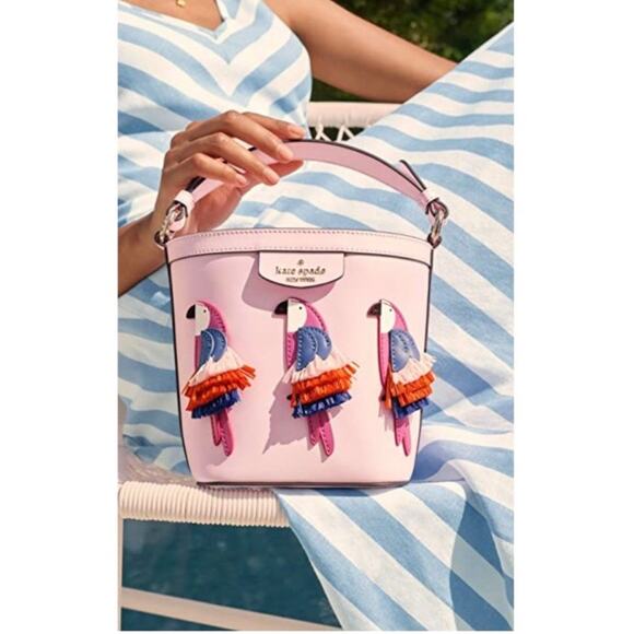 NEW Kate Spade NY Pippa Flock Party Parrot Pink Small Bucket Crossbody Bag